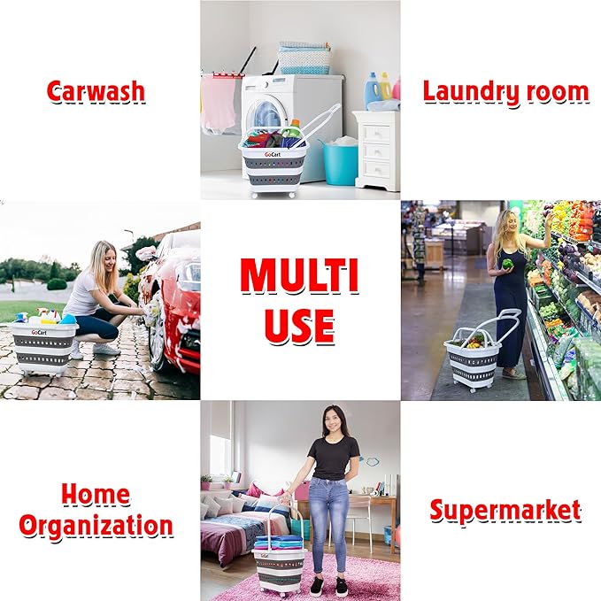 dbest products Folding Gocart Laundry Basket with Wheels, Multi Use Collapsible Grocery Shopping Cart, White