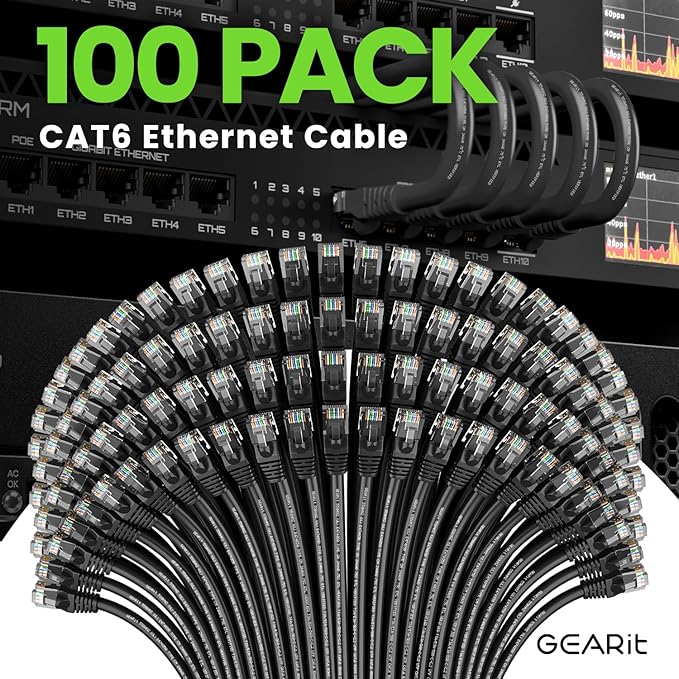 GearIT Cat 6 Ethernet Cable (100-Pack 1 Foot) Cat6 Network Patch, 10Gbps, RJ45, Snagless Cord, Gold-Plated Connectors, Internet for PC, TV, Tablet, Router, Printer, Servers, IT Data Center - Black