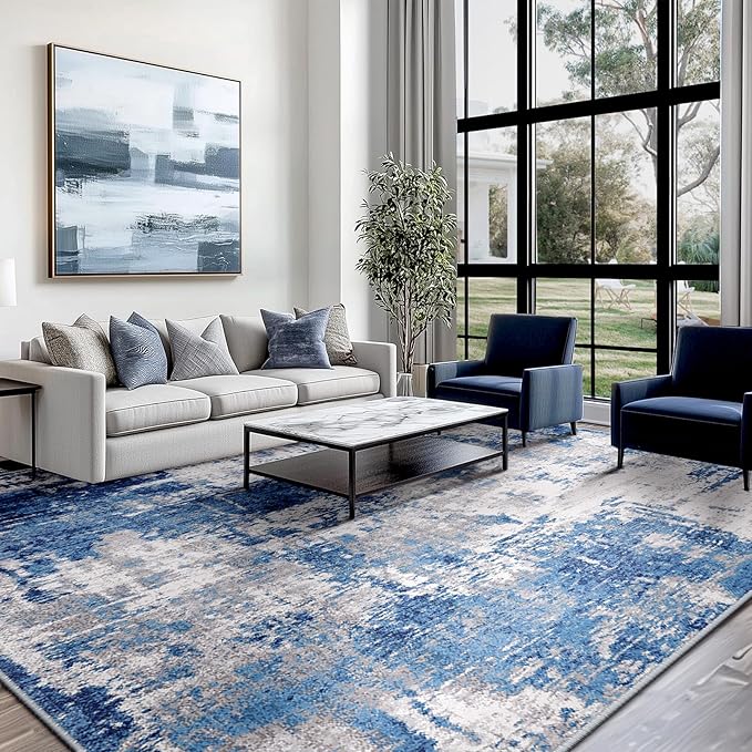 Area Rugs 5'x7' Modern Abstract Living Room Entryway Bedroom Print Pattern Blue Grey Navy Gray