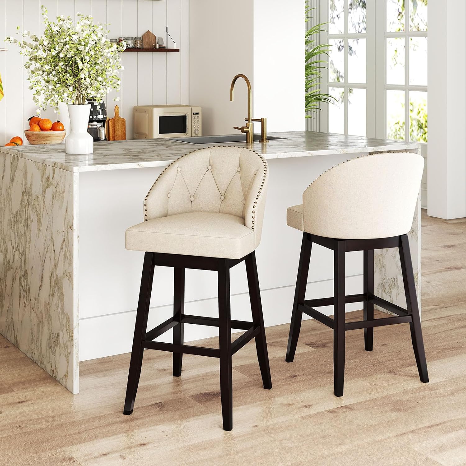 Giantex Modern Upholstered Bar Stools Set of 2, 31" Bar Height Swivel Kitchen Stools w/Button-Tufted Back, Rubber Wood Frame, Rivet Decoration, Linen Fabric Barstools for Counter Island, Cafe, Beige