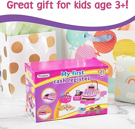 Prextex Cash Register Toy for Kids Pretend Play Set - Grocery Store Electronic Toy - STEM Cash Register for Kids with Microphone, Play Money, and Shopping Cart - Kids Checkout Toys with Scanner- Pink