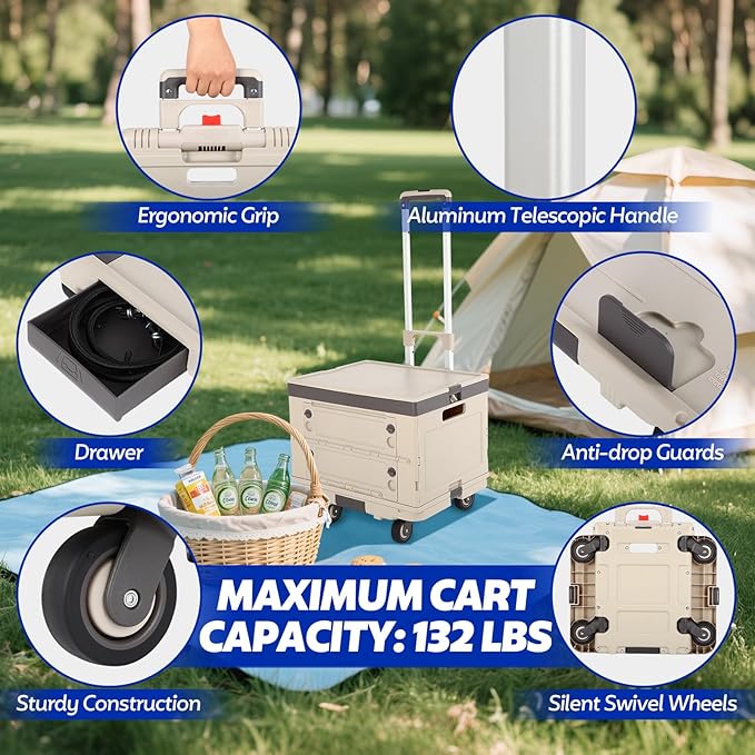 Rolling Crate Cart with Wheels,2 in 1 Utility Cart with Lockable Lids,132 lbs Foldable Shooping Cart with Aluminum Handle, Silent Wheel,Removable Crate for Teacher,Shopping,Grocery, Office, Camp.