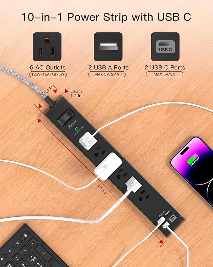 2 Pack Surge Protector Power Strip, 6 Outlets 4 USB Charging Ports, 12Ft Braided Extension Cord, Slim Flat Plug, Wall Mount, Desk Accessories, Home Office Essentials