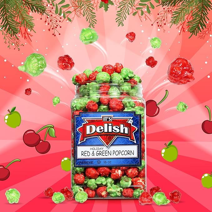 Holiday Red & Green Popcorn by It's Delish, 16 Oz Jumbo Container | Bulk Gourmet Air Popped Pop Corn Snack - Fruity Christmas Themed Candy Confetti – Gluten Free, Vegan, Kosher, 1 Count