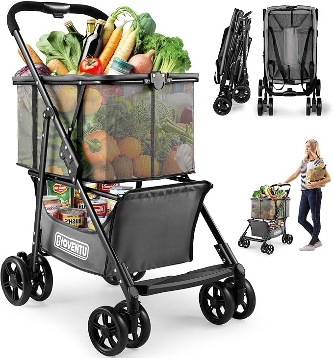 𝐔𝐩𝐠𝐫𝐚𝐝𝐞𝐝 Folding Shopping Cart with Wheels (80lbs), Collapsible Grocery Carts with 360° Wheels & Removable Tote Bag, Multi Use Portable Personal Shopping Carts for Groceries, Gray