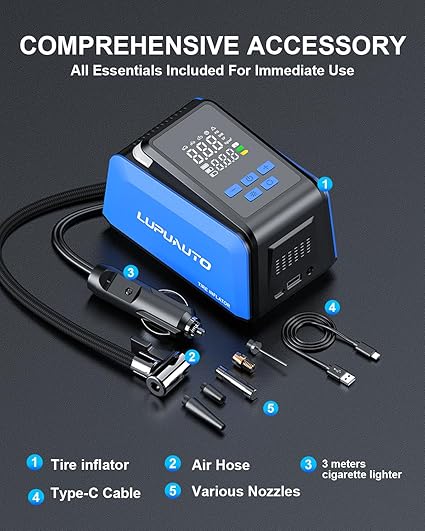 Tire Inflator Portable Air Compressor, 2X Faster Inflation, 150PSI Air Pump for Car Tires with Digital Pressure Gauge/LED Light for Car, Motorcycle, Bicycle, Balls and More