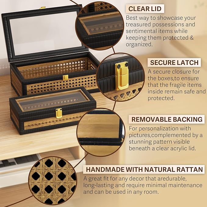 Rattan Decorative Box,Boho Display Boxes with Lids,Set of 2 Rectangular Wicker Storage Decoration,Natural Woven Cane Bins for Home Decor for Rustic Farmhouse(Yellow and Black)