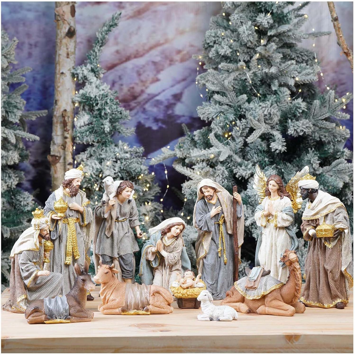Zayton Nativity Set Christmas Indoor 12 Pcs 12 Inch Scene Statue Figurines Jesus Manger Crib Ornament Church Xmas Home Catholic Religious Decoration