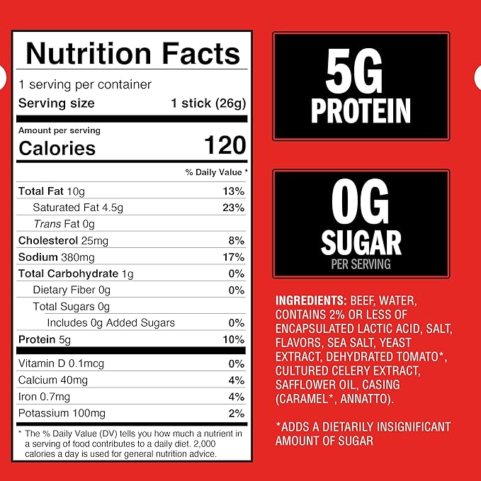 Jack Link's Beef Sticks, Original Zero Sugar - Protein Snack, Meat Stick with 5g of Protein, Meat Snack Sticks Made with 100% Beef, Keto & Paleo Diet Friendly, Individually Wrapped - 0.92 Oz. (20 Count)