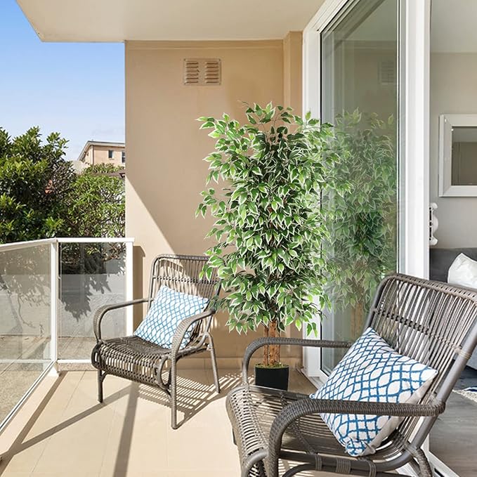 GTIDEA 6ft Artificial Tree Ficus, Tall Faux Trees Indoor with Natural Trunk and Fake Silk Tree Fake Plants for Home Winter Decor Living Room Outdoor Balcony House Office (Included Dried Moss)