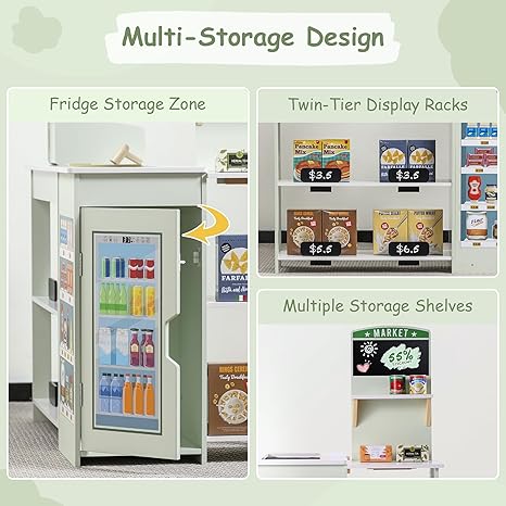 SainSmart Jr. Grocery Store Pretend Play, Wooden Play Store with Cash Register, Chalkboard, Cooler, Play Food Accessories, for Toddlers Aged 3+, Light Sage Green