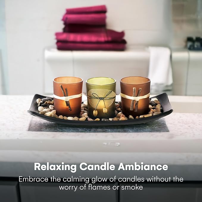 Dawhud Direct Decorative Votive Candle Holders, Vintage Decor Flameless Candlescape Set, 3 LED Tea Light Candles, Rocks and Tray - Fall Table Decor (Earth Tones)