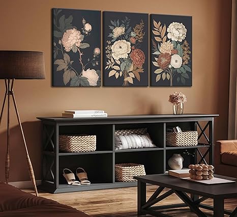 3Pcs Vintage Peony Flower Still Life Canvas Wall art Rustic Dark Floral Plant Painting Picture Farmhouse Wall Decor Posters Print Artwork for Women's Room Living Room Bedroom Home Decoration