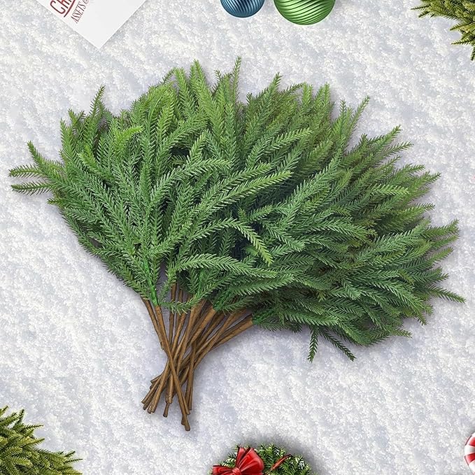16 Pcs Norfolk Pine Stems, 19" Long Artificial Norfolk Pine Branches, Faux Greenery Stems, Real Touch Christmas Green Plants Branches for Vases, DIY Wreath, Xmas Home Decorations