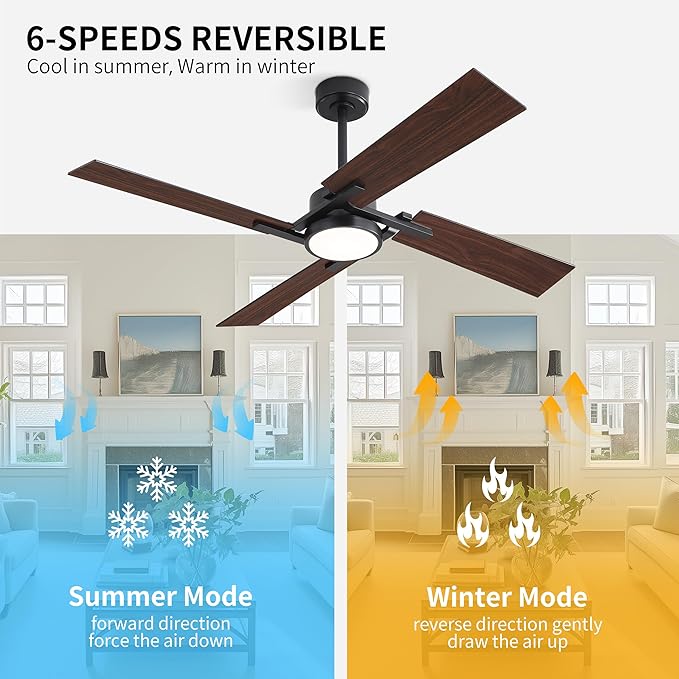 WINGBO 72 Inch Ceiling Fan with Light and Remote, 4 Plywood Blades, 6-Speed Reversible DC Motor, Dimmable, 3CCT, Farmhouse Ceiling Fan for Bedroom Living Room Kitchen, Black and Walnut/Shadowed Walnut