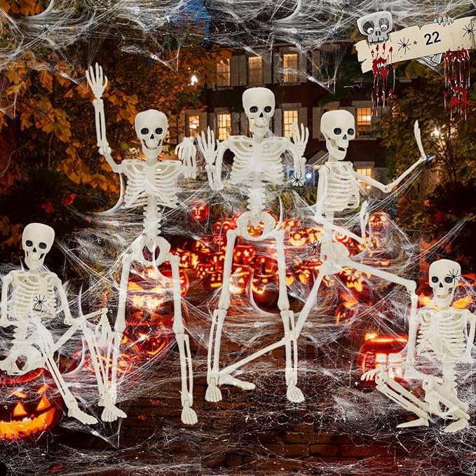 5 Pack Posable Skeleton Halloween Decorations, 16in Halloween Skeleton Decor- Full Body Movable Joints with 22 Spiders & Cobweb, Outdoor/Indoor Scary Party Graveyard Props Hanging Skeletons