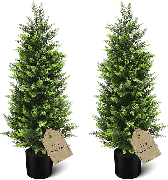 HMASYO 3FT Artificial Cedar Topiary Trees Set of 2, Realistic Potted Fake Cypress Tree Faux Pine Shrubs Plants with UV Resistant for Indoor Outdoor Home Porch Front Door Garden Offices Decorations