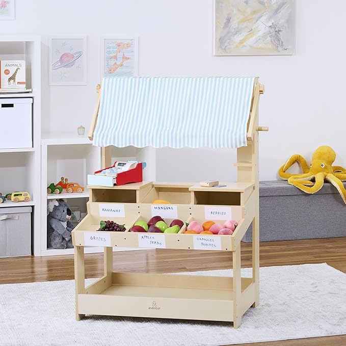 Cypress Wooden Market Stand for Kids - Pretend Play Grocery Store with Awning, Storage Bins, Dry Erase Stickers, Durable Wood Construction, Easy Assembly, Role-Playing Toy