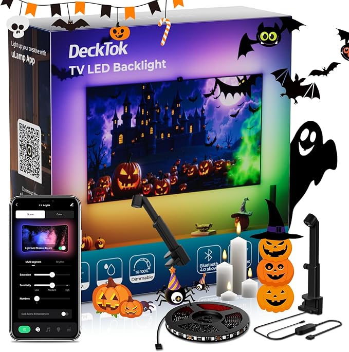 DecTok TV LED Backlight 15.5ft - TV Lights That Change with Screen for 55-75'' RGB LED Strip Light Cuttable with Smart App Control Game & Music Sync Color Changing Light for Halloween Home Decorations
