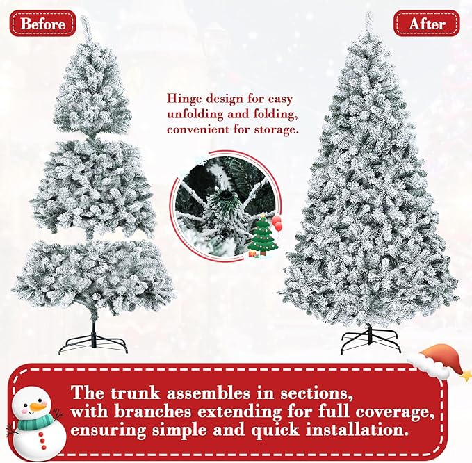 6ft Snow Flocked Artificial Christmas Tree with 760 Tips, Foldable Base, Hinged Branches, Flame-Resistant PVC for Home, Party Decoration
