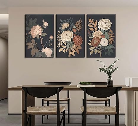 3Pcs Vintage Peony Flower Still Life Canvas Wall art Rustic Dark Floral Plant Painting Picture Farmhouse Wall Decor Posters Print Artwork for Women's Room Living Room Bedroom Home Decoration