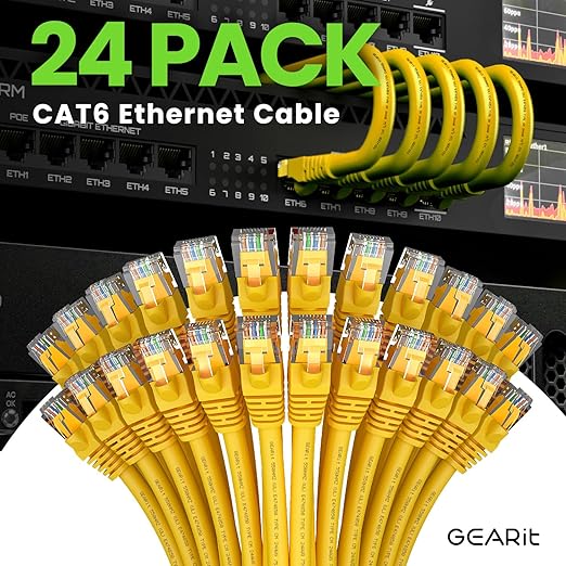 GearIT Cat 6 Ethernet Cable (24-Pack 2 Feet) Cat6 Network Patch, 10Gbps, RJ45, Snagless Cord, Gold-Plated Connectors, Internet for PC, TV, Tablet, Router, Printer, Servers, IT Data Center - Yellow