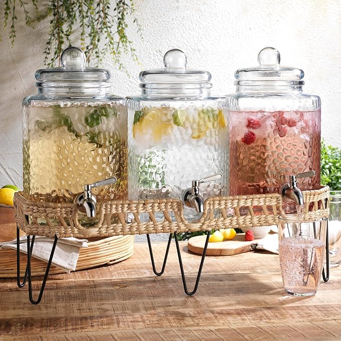 1.5 Gallon Glass Drink Dispenser for Parties 3 PACK Beverage Dispensers with Stand, Glass Water Jug Dispenser, with 18/8 Stainless Steel Spigot, Great for Party, Wedding, Picnic, BBQ Wicker Design