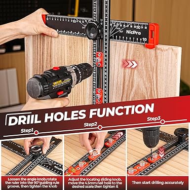 Nicpro 4-in-1 Drilling Positioning Scribing Ruler, Adjustable Multifunctional T Square Ruler with Carpenter Pencil, Carpenters Square Tools for Woodworking, Cabinet Drawer Door Hole Drilling Template