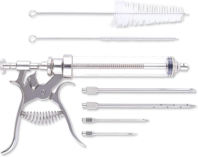 J&B Goods Professional Automatic BBQ Meat Marinade Injector Gun Kit with Case, 2 oz Large Capacity Barrel and 4 Commercial Grade Marinade Needles.