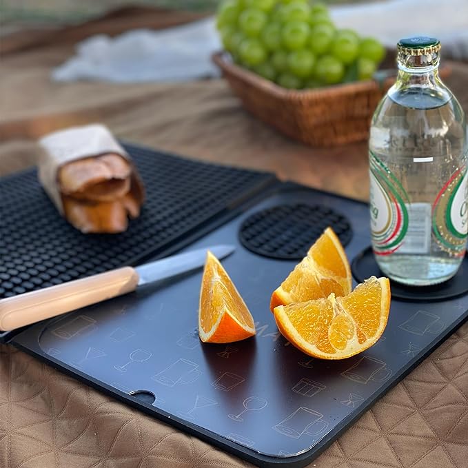 Bar Mat, Bar Accessories, Multifunctional Folding Cocktail Mat with Cutting Board, 18" X 12"(Black) Drying Mats,Bar Mat for Countertop,Bar Decorations for Home , Outdoor Bar Accessories ,Travel