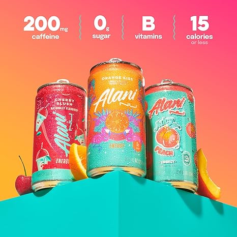 Alani Nu VARIETY PACK (CHERRY SLUSH, JUICY PEACH, ORANGE KISS), Low Calorie Energy Drinks, 100mg Caffeine, Biotin, B Vitamins, Zero Sugar, 10 Calories or Less, 8 Fl Oz Cans, 12 Pack