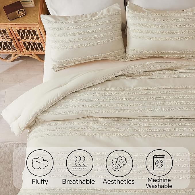 BEDELITE Boho Comforter Set Queen Size, Beige Tufted Striped Bed Set 3 Pieces, Soft Vintage Farmhouse Comforter for All Seasons, Boho Home Decor,Fluffy Jacquard Bedding with 2 Pillow Shams