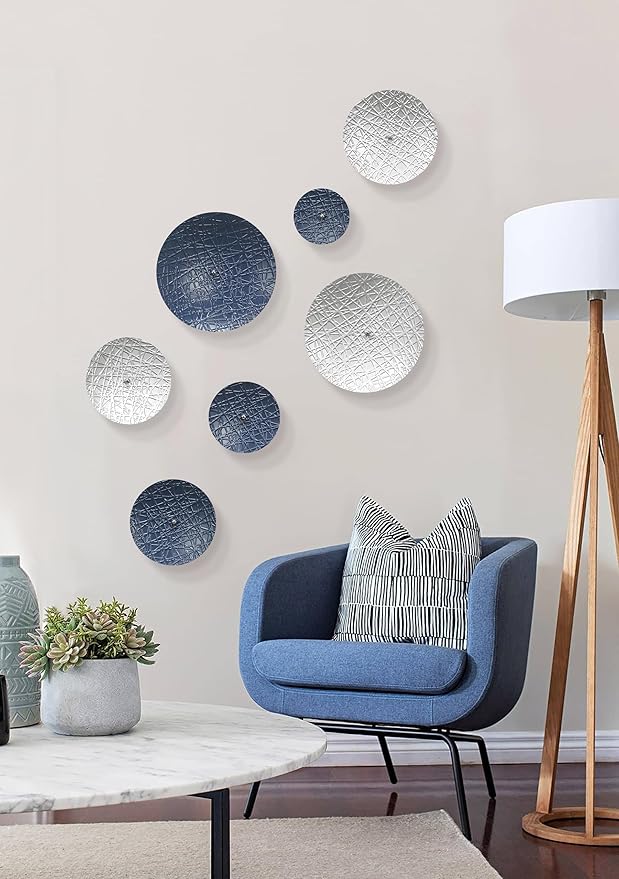 Silver and Blue Wall Decor for Living Room, 7PCS Metal Wall Hanging Sculptures for Office Apartment Bathroom Decoration, Modern Silver Home Decor for Staircase Hallway Porch Housewarming Gift