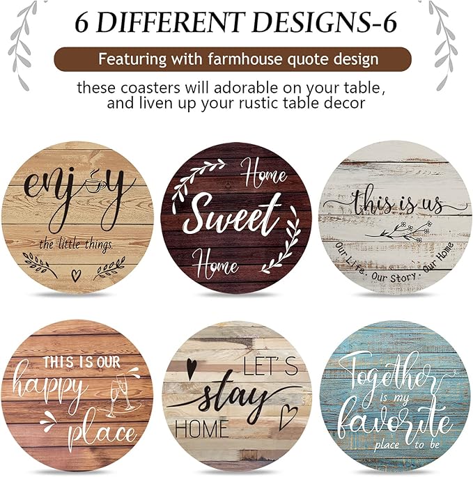 Queekay Housewarming Gifts for Home Decoration Wooden Heart Coasters for Drinks 6 Set Farmhouse Coasters with Holder Funny for Family Coffee Table Protection, 4''(Farmhouse Color)