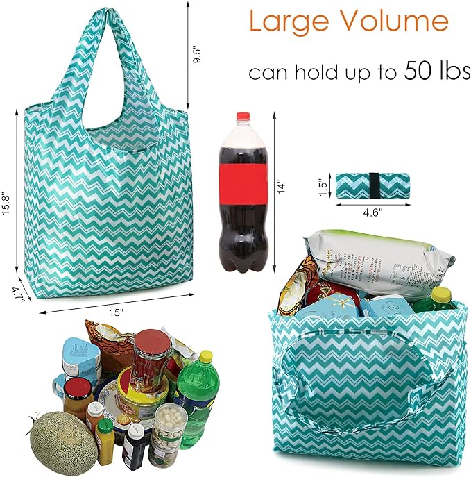 BeeGreen Reusable Grocery Bags Lightweight Durable Shopping Bags Washable Foldable 12 Pack Xlarge Classic Geometric Design Gift Tote Grocery Bags with Elastic Band and Separated Zipper Storage Pouch
