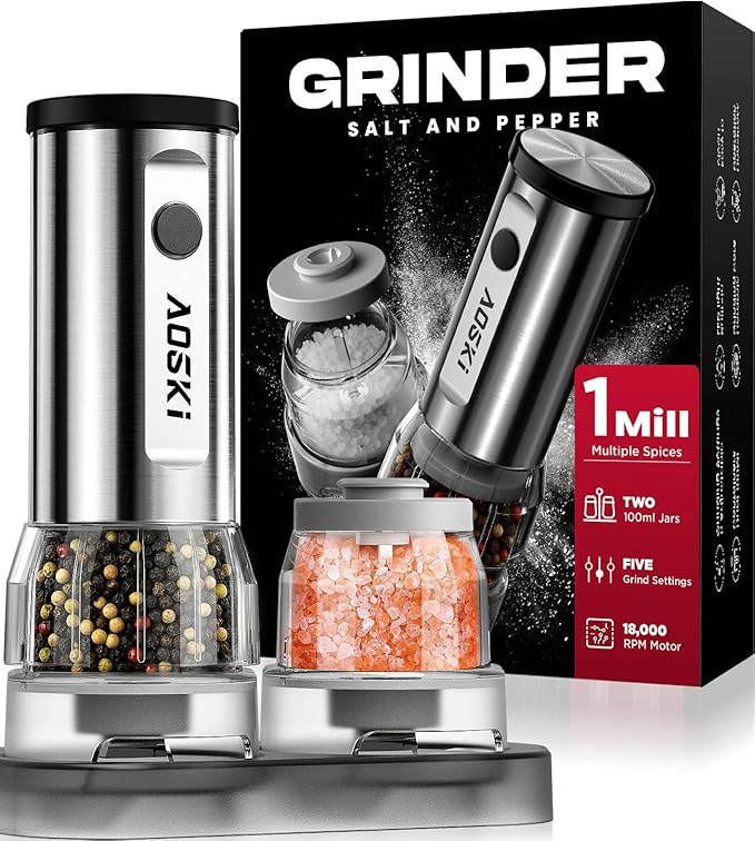 Electric Salt and Pepper Grinder Set: 1 Grinder + 2 100ml Replaceable Jars - Stainless Steel & Quick-Swap in Seconds - For Busy Kitchens - Prevents Spice Mixing for Foodies