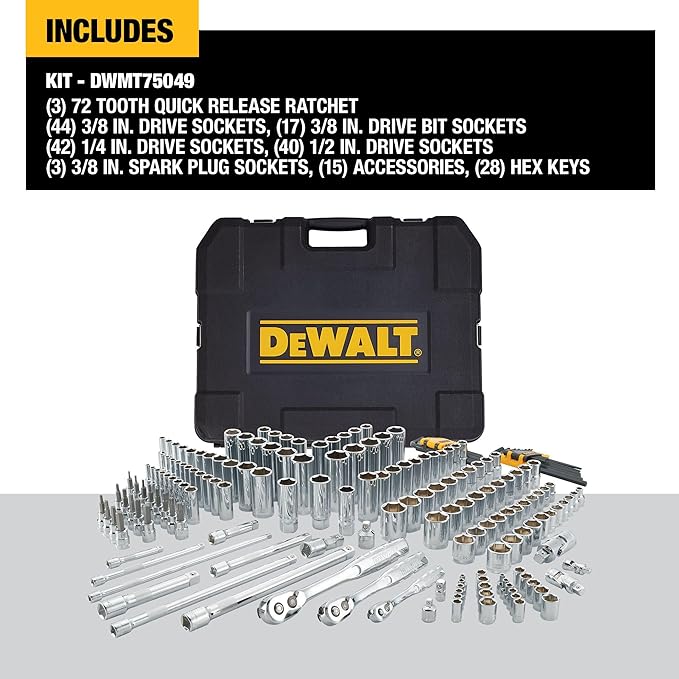 DEWALT Mechanics Tool Set, SAE and Metric, 1/2, 1/4, 3/8 Drive Sizes, 192-Piece (DWMT75049)