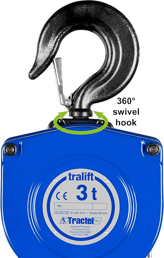 Tractel Tralift 3 Ton Manual Chain Hoist | 6000 lbs Capacity | 10 ft Steel Chain | Industrial-Grade Steel for Construction, Workshops, Garages | Model 19749