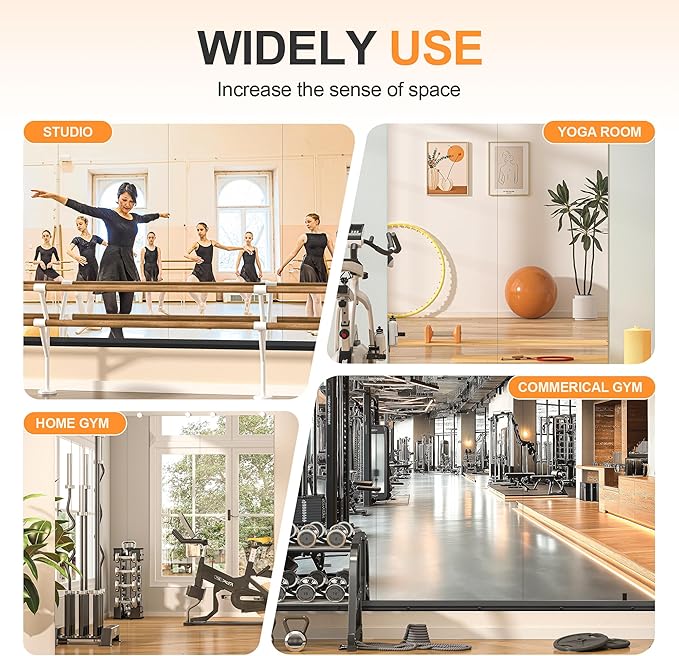 Hasipu 4 Pcs 48''x24'' Home Gym Mirror Large Full Length Wall Mounted Full Body Mirror for Yoga Dance Fitness Exercise Studio Bedroom Garage, Frameless Tempered Glass Workout Mirrors Black Rectangular