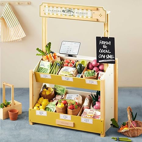 Tiny Land Wooden Play Store – Pretend Farmers Market & Coffee Shop with Cash Register, DIY Price Tags, Chalkboard, Pretend Grocery Store Role Play Toy for Toddlers