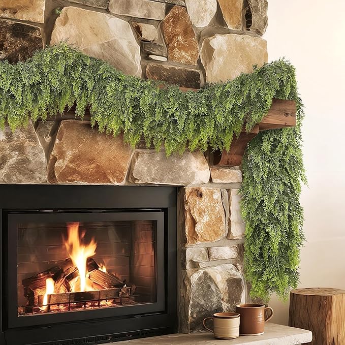 Real Touch Cedar Garland - Artificial Christmas Garlands Faux Green Cedar Fake Pine Needles Garland for Fireplace,Table, Stairs, Mantle, Window,Indoor Outdoor,Home,Holiday Decor(1 PCS,9 FT)