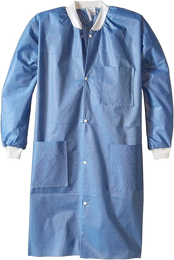 Case of 50 Disposable Lab Coats - Blue - With 3 Pockets and Soft Knit Cuffs & Collar | SMS Unisex Knee Length Medical Lab Jacket, For Hospitals, Pharmacies, Laboratories, Dental Clinics - Extra Large