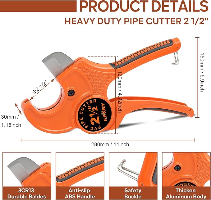 Kerry PVC Pipe Cutter, Up to 2-1/2" Ratcheting Heavy-Duty PEX POLY PE Plastic Hoses and Plumbing Tube Cutting Tool, Stainless Steel Blades, Thicken Aluminum Body Efficient Extended Handle