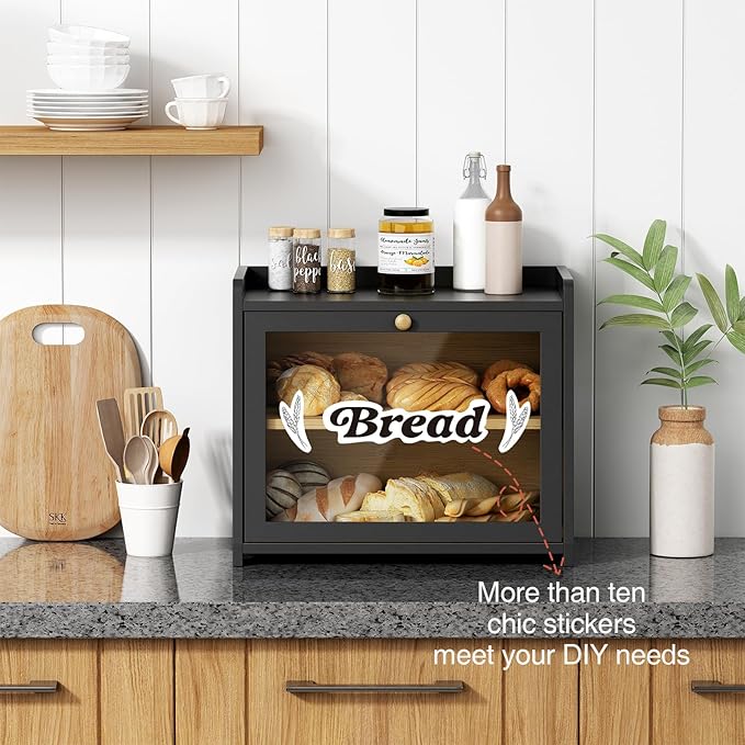 Black Bread Box for Kitchen Countertop, Large Bread Storage Container for Homemade Bread, Wood Farmhouse Breadbox Organizer for Kitchen Counter Corner, Cabinet, Pantry, Cupboard (Black)