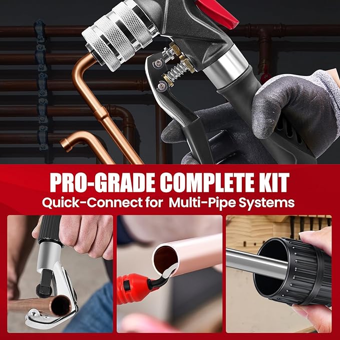Hydraulic Swaging Tool, HVAC Copper Tubing Expander with 7 Pipe Expanding Jaws, 3/8 to 1-1/8 Inch, Pipe Cutter, Deburring Tool, Chamfering Tool for Soft Copper and Aluminum Pipes