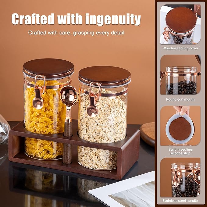 Glass Coffee Container with Wooden Shelf, 2 x 40 FLOZ Coffee Bean Storage with Sealed Closure Clips and Copper Spoon, Kitchen Large Capacity Food Storage Jar, Ground Coffee Container