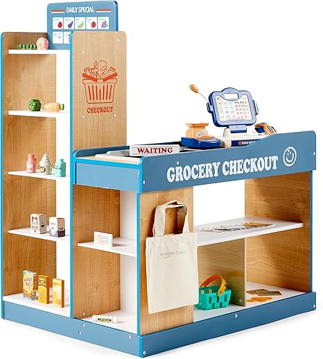 Amazon Basics Grocery Store Checkout Counter with Shopping Cart, Kids Supermarket Pretend Play Store Cash Register, Gift for Age 3Y+, Multicolor