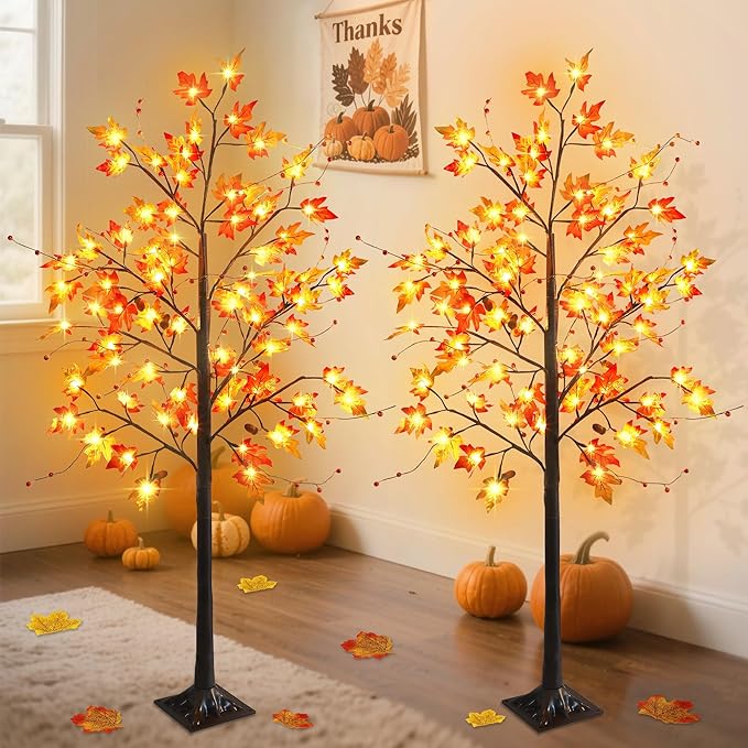 FORUP 2 Pack LED Lighted Maple Tree, 5 FT Lighted Artificial Tree for Thanksgiving Harvest Fall Festival Halloween Home Party Decoration