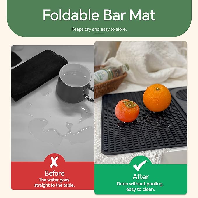Bar Mat, Bar Accessories, Multifunctional Folding Cocktail Mat with Cutting Board, 18" X 12"(Black) Drying Mats,Bar Mat for Countertop,Bar Decorations for Home , Outdoor Bar Accessories ,Travel