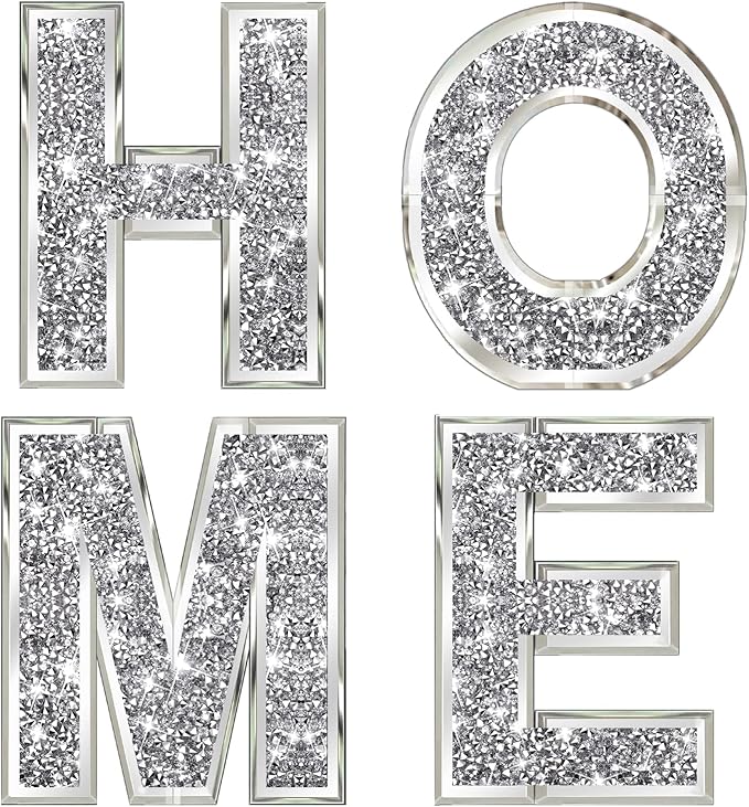 4 pcs Independent Letters Home.Glam Crystal Diamond Letters.Silver Mirror Glass Home Decoration for Wall, Fireplace, Bookshelf and Table.